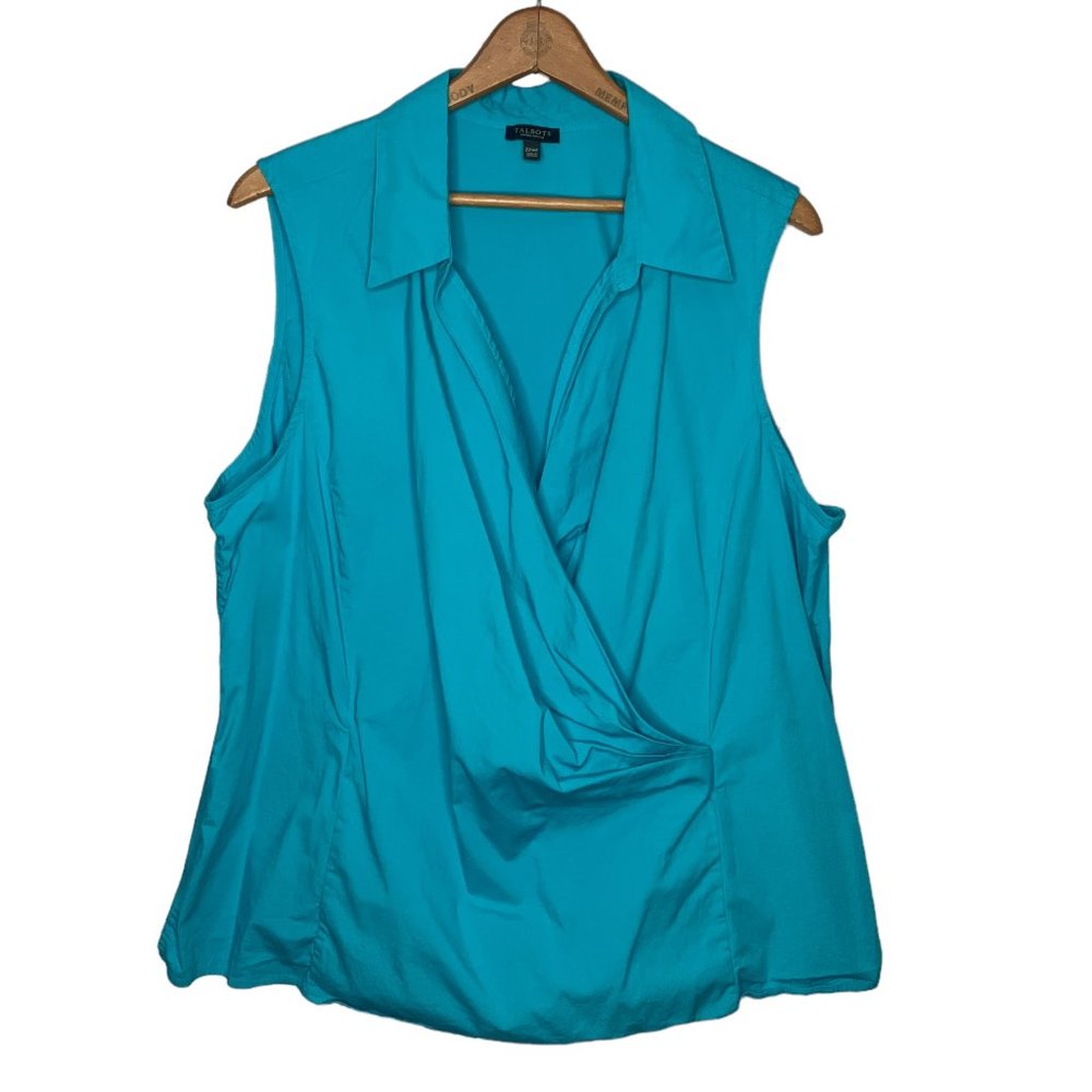 Talbots Woman Petites 22W 22WP Aqua Blue Faux Wrap Sleeveless Collared Top Plus